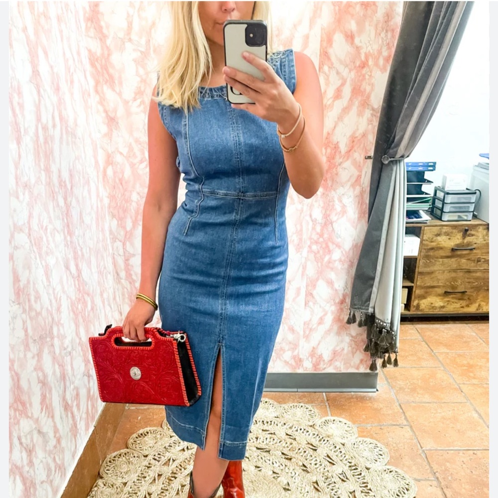 Stylish Blue Denim Dress with Red Handbag